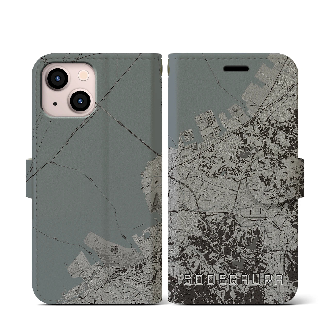 【袖ケ浦(千葉県)】地図柄iPhoneケース(手帳タイプ)モノトーン・iPhone 13 mini 用