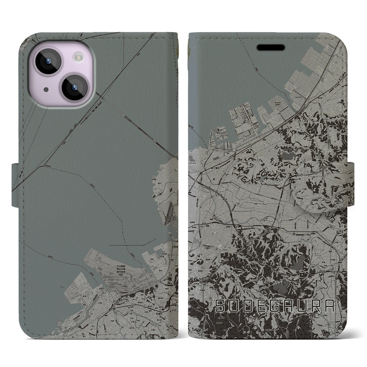 【袖ケ浦(千葉県)】地図柄iPhoneケース(手帳タイプ)モノトーン・iPhone 14 用