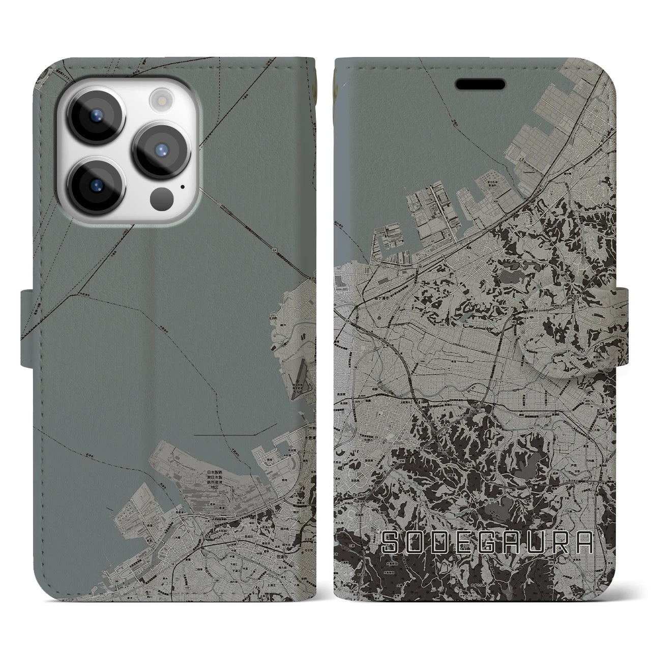 【袖ケ浦(千葉県)】地図柄iPhoneケース(手帳タイプ)モノトーン・iPhone 14 Pro 用