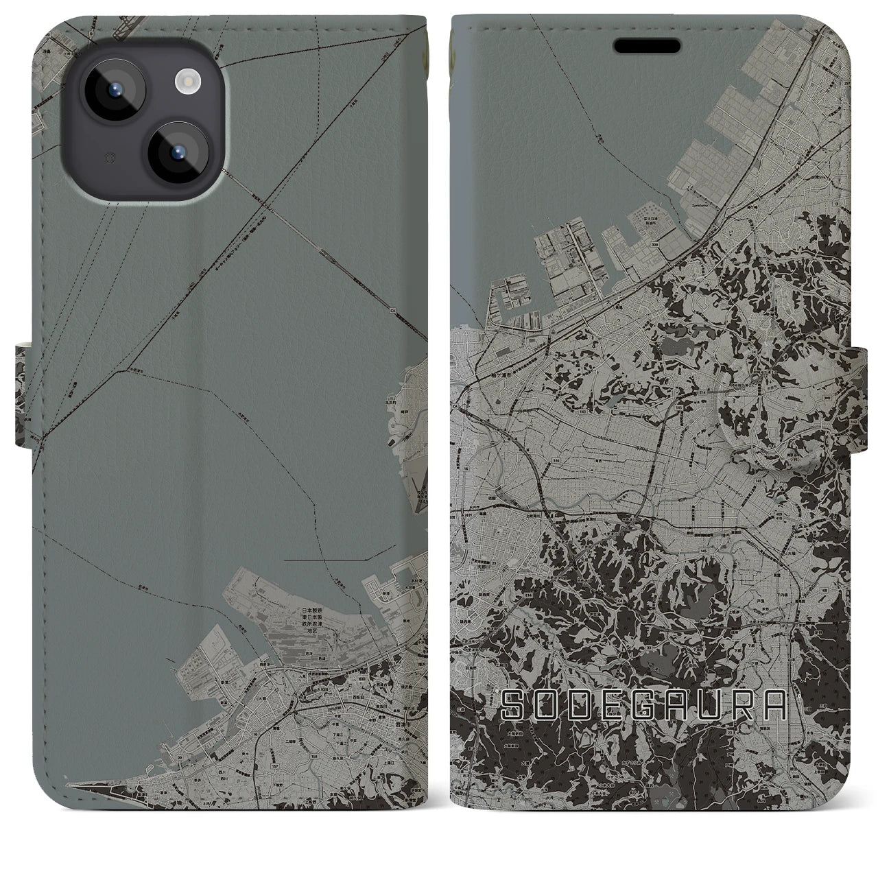 【袖ケ浦(千葉県)】地図柄iPhoneケース(手帳タイプ)モノトーン・iPhone 14 Plus 用