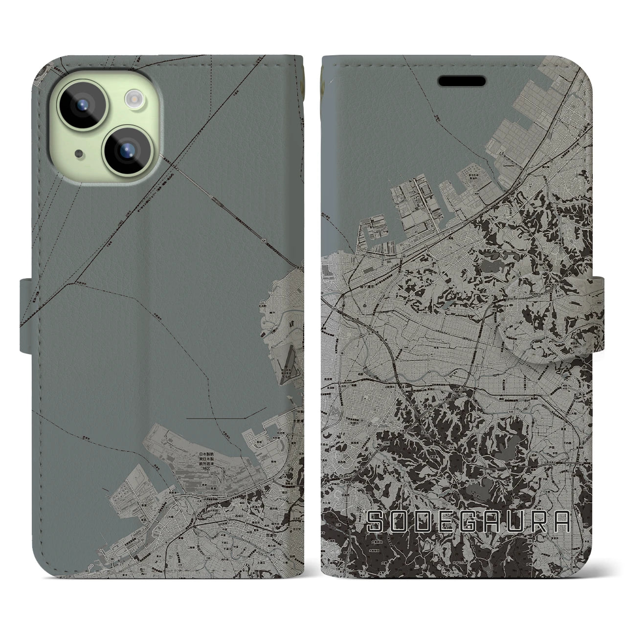 【袖ケ浦(千葉県)】地図柄iPhoneケース(手帳タイプ)モノトーン・iPhone 15 用