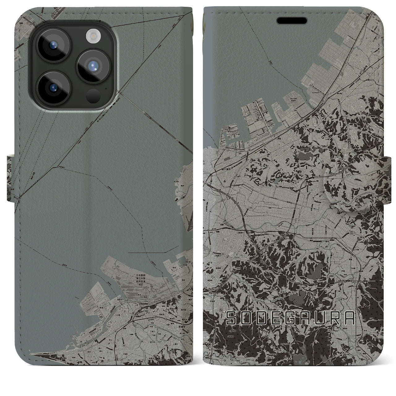 【袖ケ浦(千葉県)】地図柄iPhoneケース(手帳タイプ)モノトーン・iPhone 15 Pro Max 用