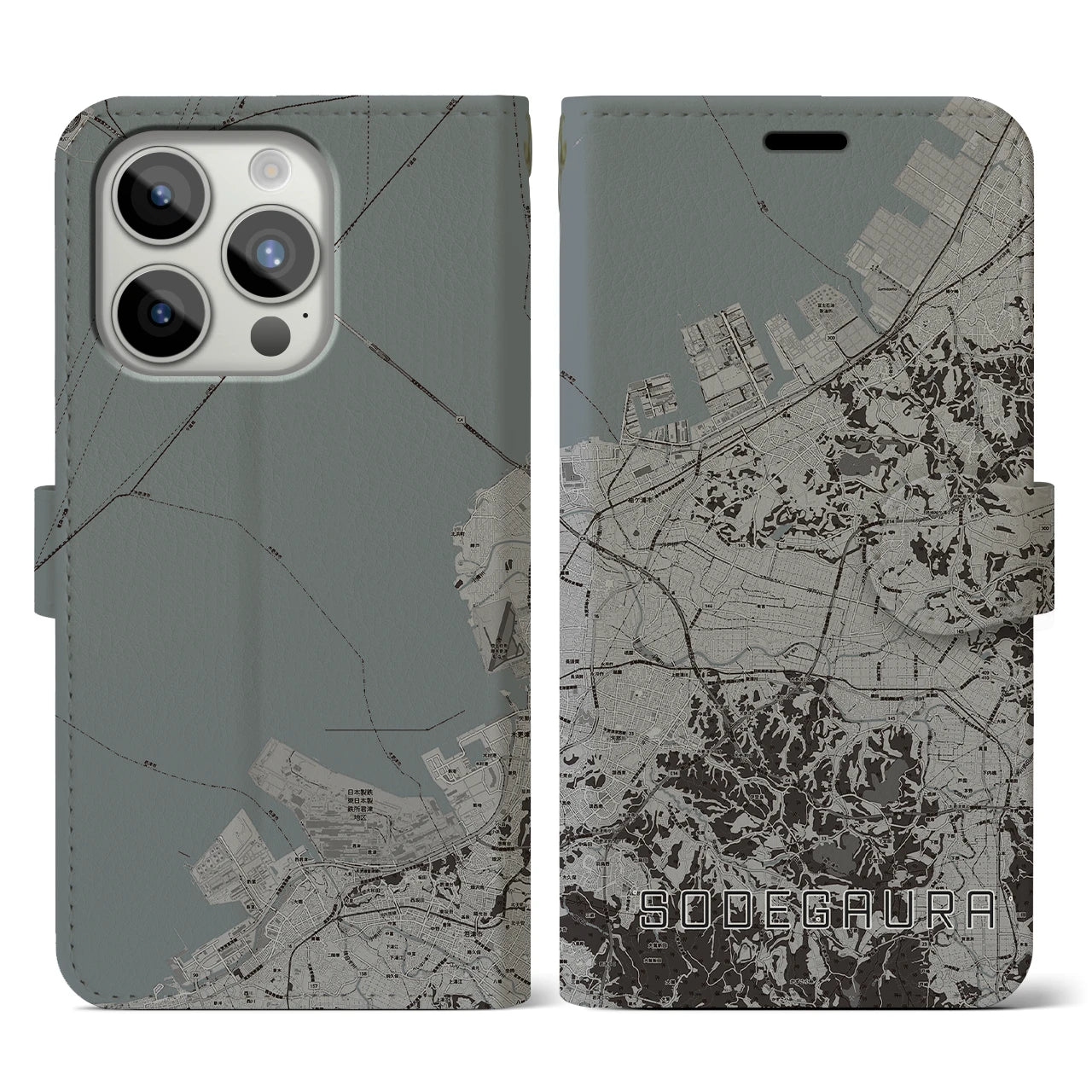 【袖ケ浦(千葉県)】地図柄iPhoneケース(手帳タイプ)モノトーン・iPhone 15 Pro 用