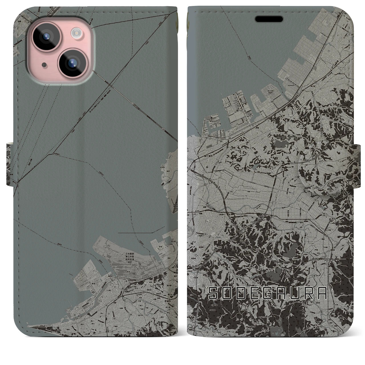 【袖ケ浦(千葉県)】地図柄iPhoneケース(手帳タイプ)モノトーン・iPhone 15 Plus 用