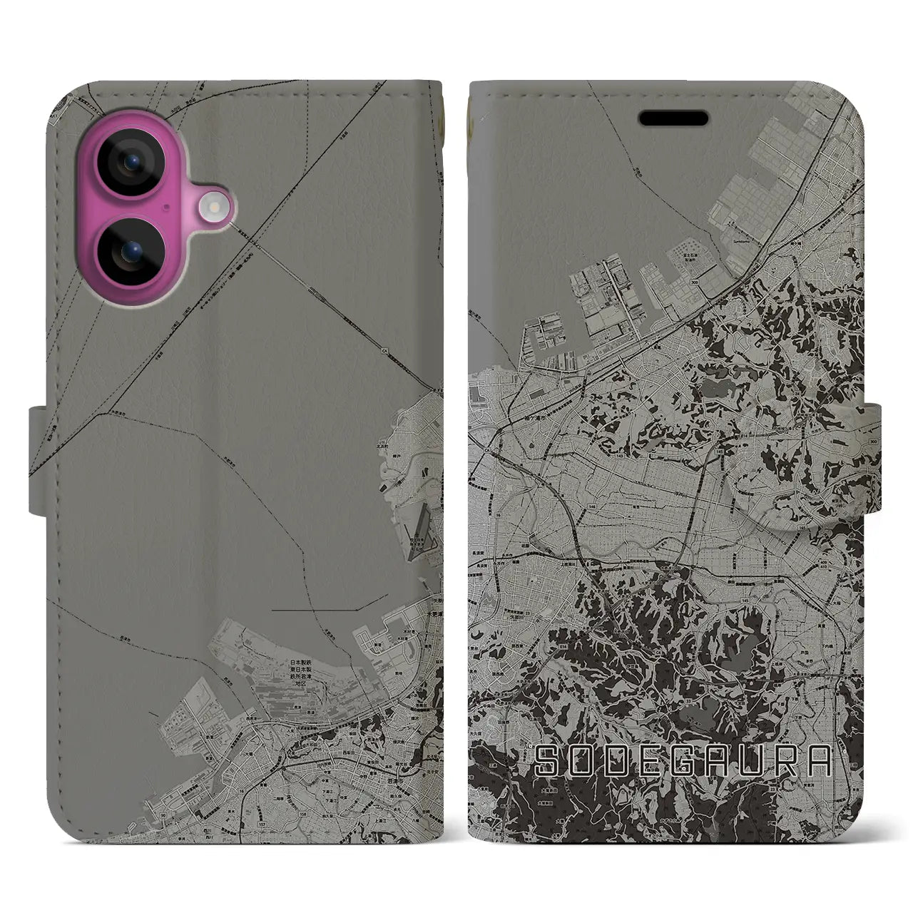 【袖ケ浦(千葉県)】地図柄iPhoneケース(手帳タイプ)モノトーン・iPhone 16 Pro 用