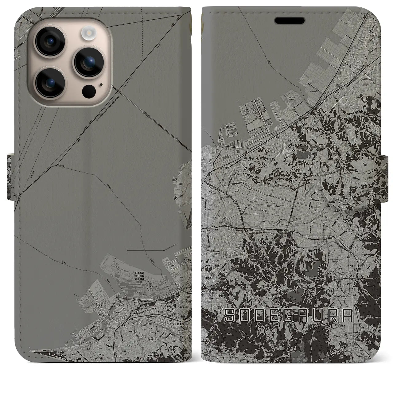 【袖ケ浦(千葉県)】地図柄iPhoneケース(手帳タイプ)モノトーン・iPhone 16 Plus 用