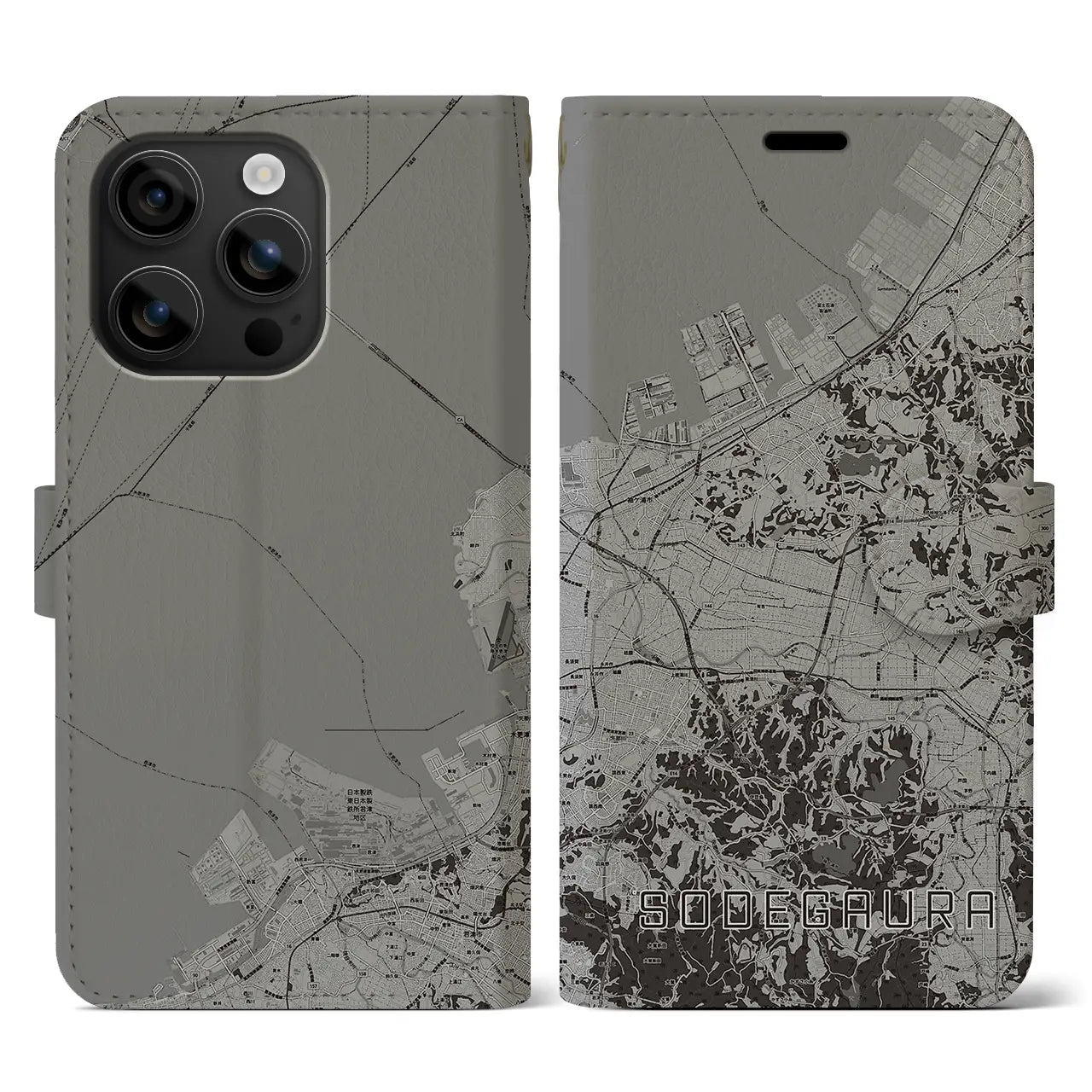 【袖ケ浦(千葉県)】地図柄iPhoneケース(手帳タイプ)モノトーン・iPhone 16 用