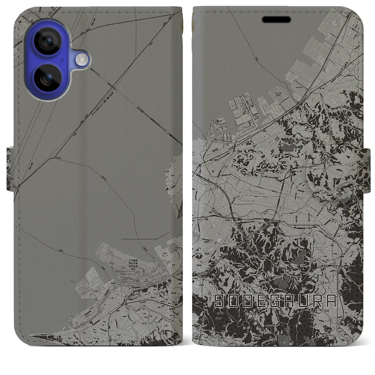 【袖ケ浦(千葉県)】地図柄iPhoneケース(手帳タイプ)モノトーン・iPhone 16 Pro Max 用