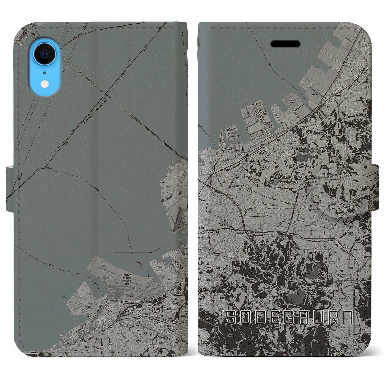 【袖ケ浦(千葉県)】地図柄iPhoneケース(手帳タイプ)モノトーン・iPhone XR 用