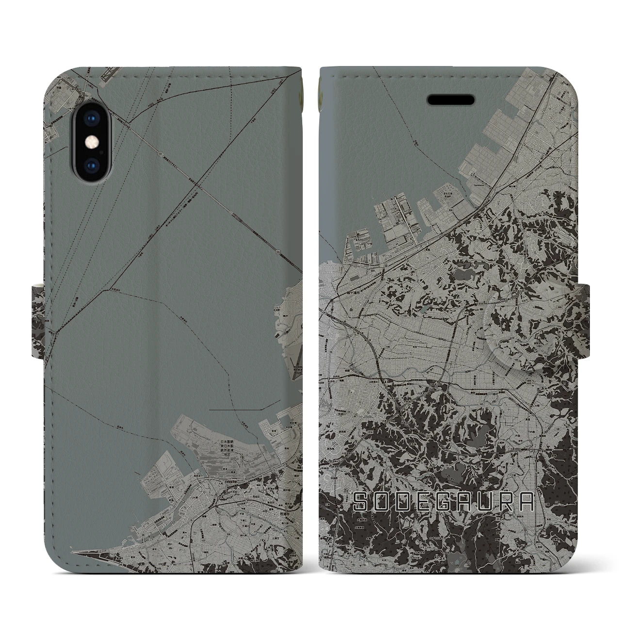 【袖ケ浦(千葉県)】地図柄iPhoneケース(手帳タイプ)モノトーン・iPhone XS / X 用