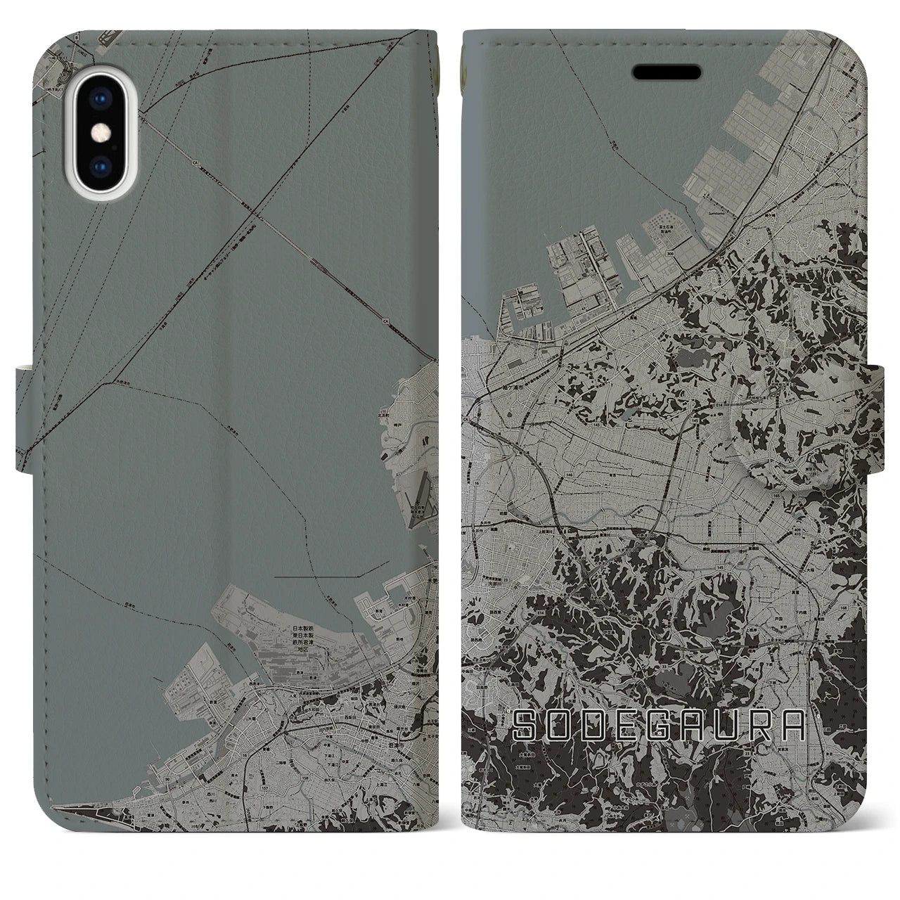 【袖ケ浦(千葉県)】地図柄iPhoneケース(手帳タイプ)モノトーン・iPhone XS Max 用