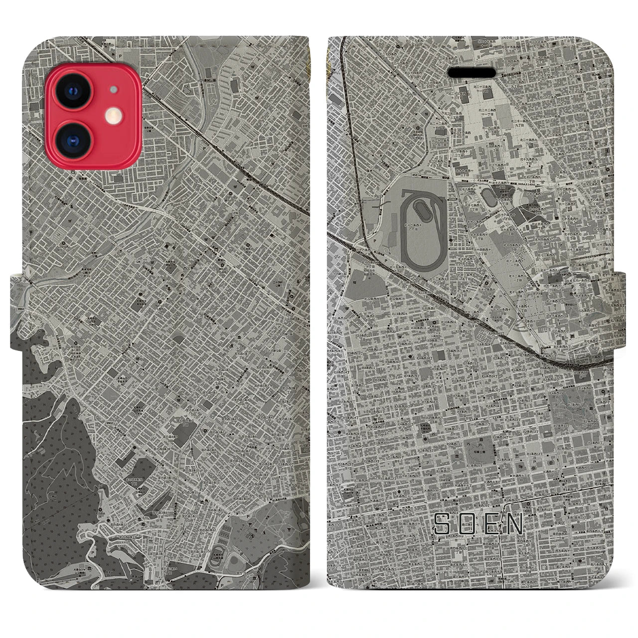 【桑園(北海道)】地図柄iPhoneケース(手帳タイプ)モノトーン・iPhone 11 用