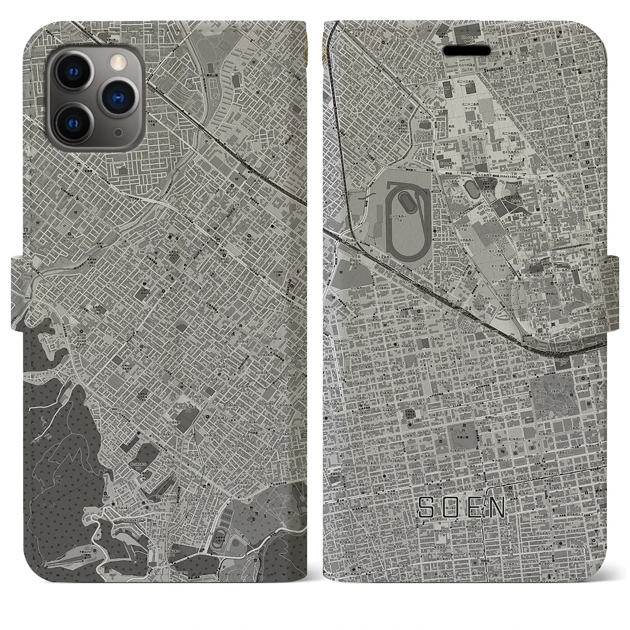 【桑園(北海道)】地図柄iPhoneケース(手帳タイプ)モノトーン・iPhone 11 Pro Max 用