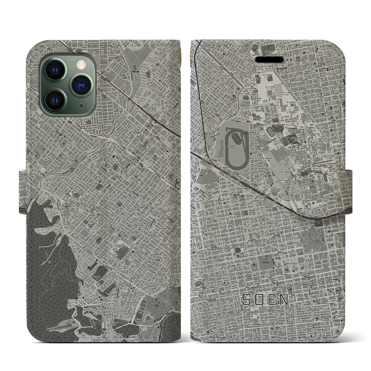 【桑園(北海道)】地図柄iPhoneケース(手帳タイプ)モノトーン・iPhone 11 Pro 用
