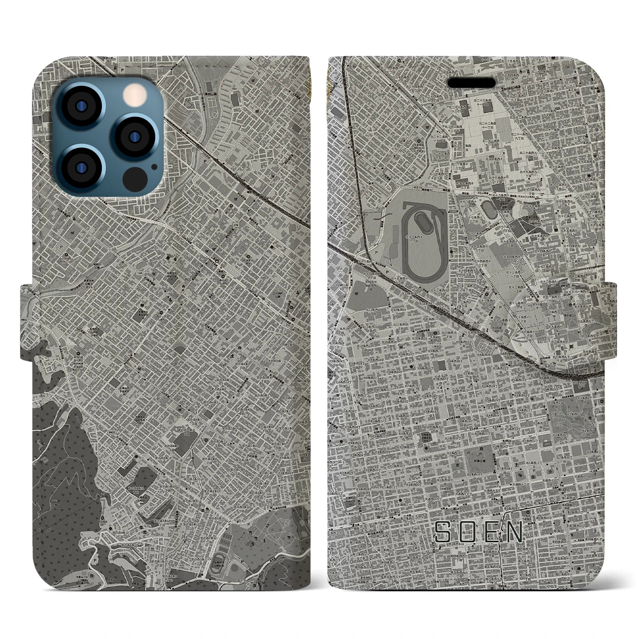 【桑園(北海道)】地図柄iPhoneケース(手帳タイプ)モノトーン・iPhone 12 / 12 Pro 用