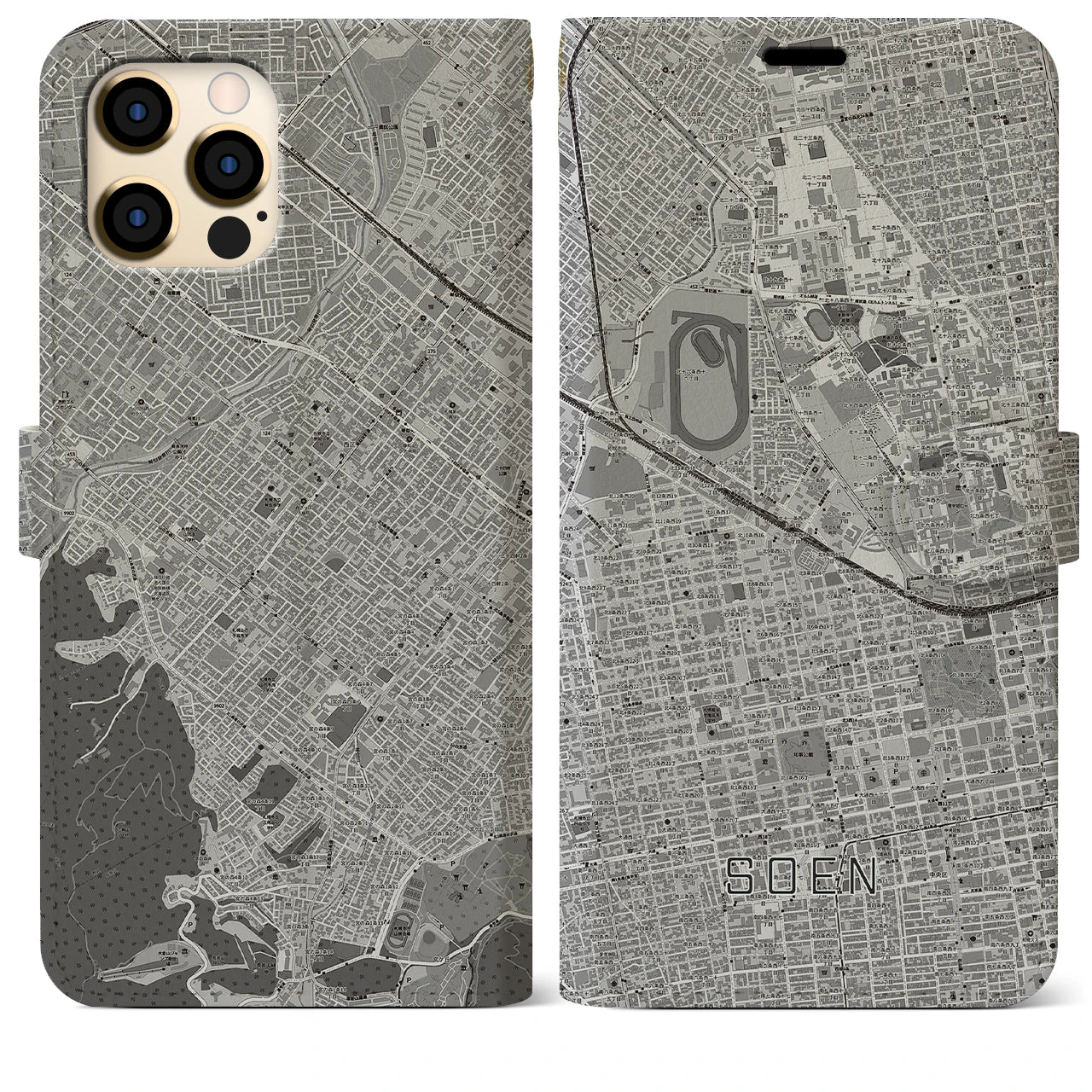 【桑園(北海道)】地図柄iPhoneケース(手帳タイプ)モノトーン・iPhone 12 Pro Max 用