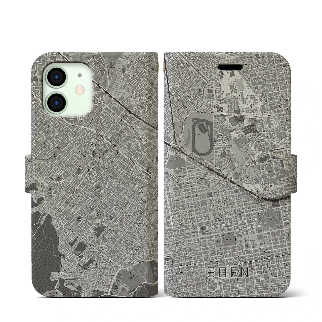【桑園(北海道)】地図柄iPhoneケース(手帳タイプ)モノトーン・iPhone 12 mini 用