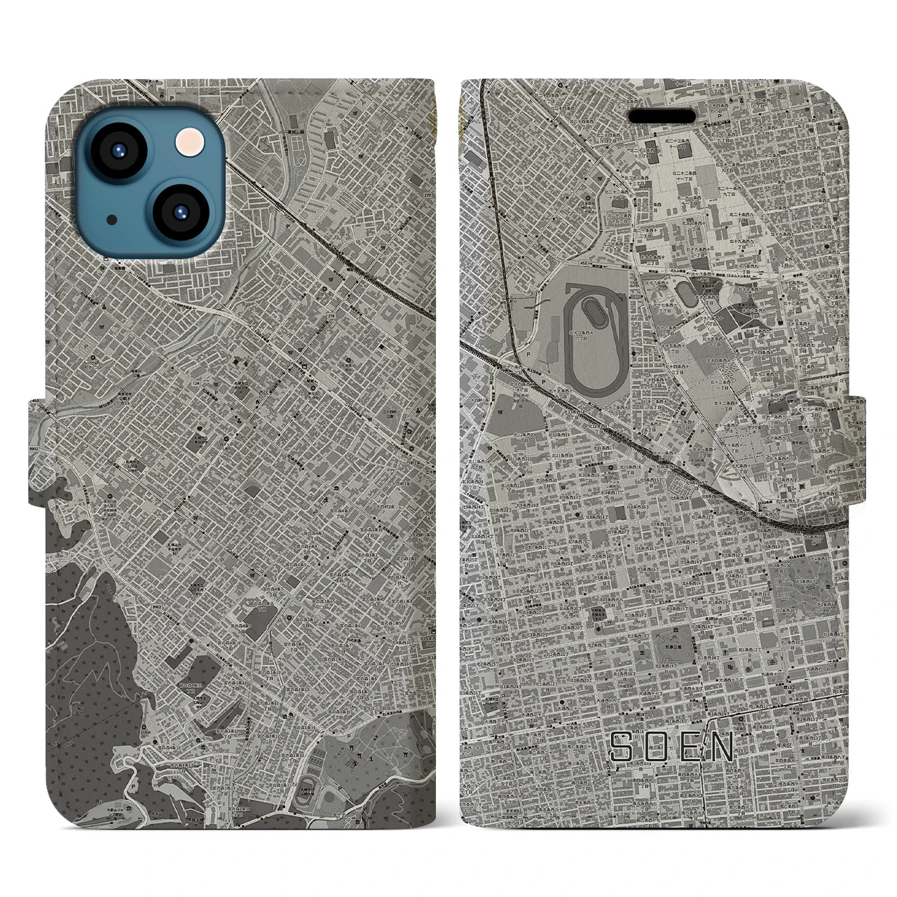 【桑園(北海道)】地図柄iPhoneケース(手帳タイプ)モノトーン・iPhone 13 用