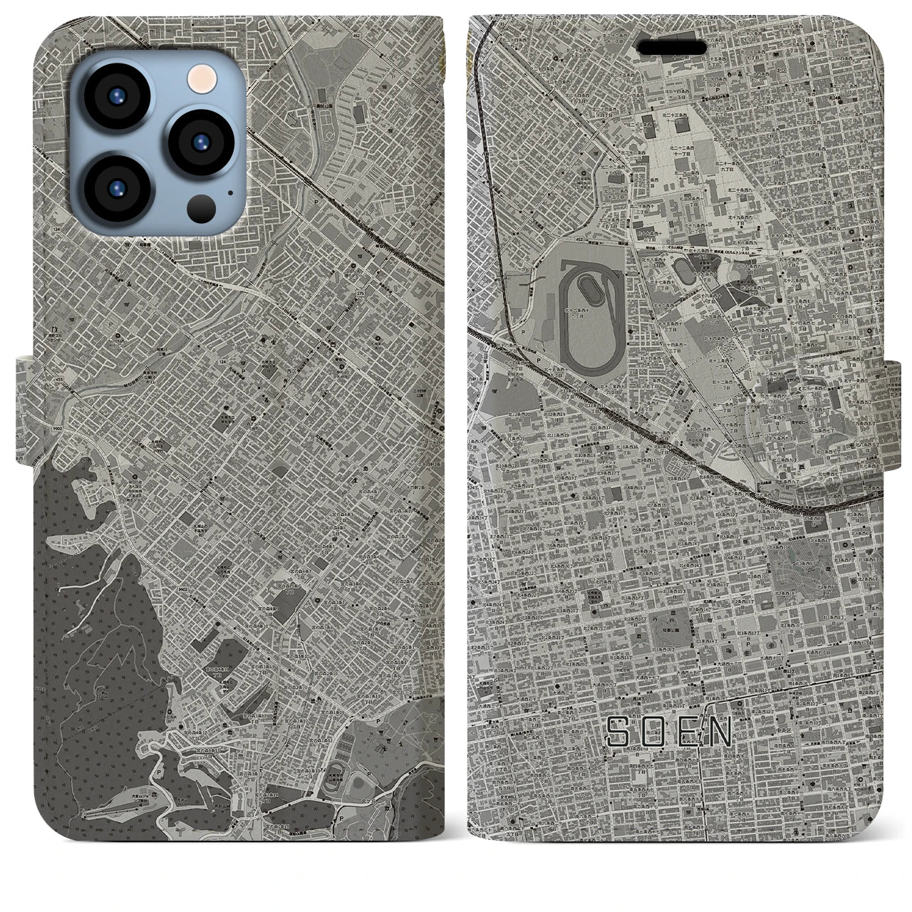 【桑園(北海道)】地図柄iPhoneケース(手帳タイプ)モノトーン・iPhone 13 Pro Max 用