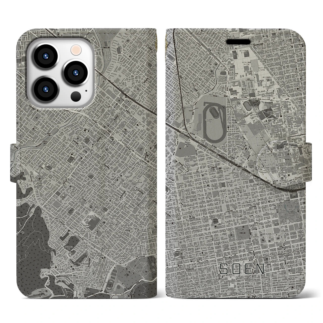 【桑園(北海道)】地図柄iPhoneケース(手帳タイプ)モノトーン・iPhone 13 Pro 用