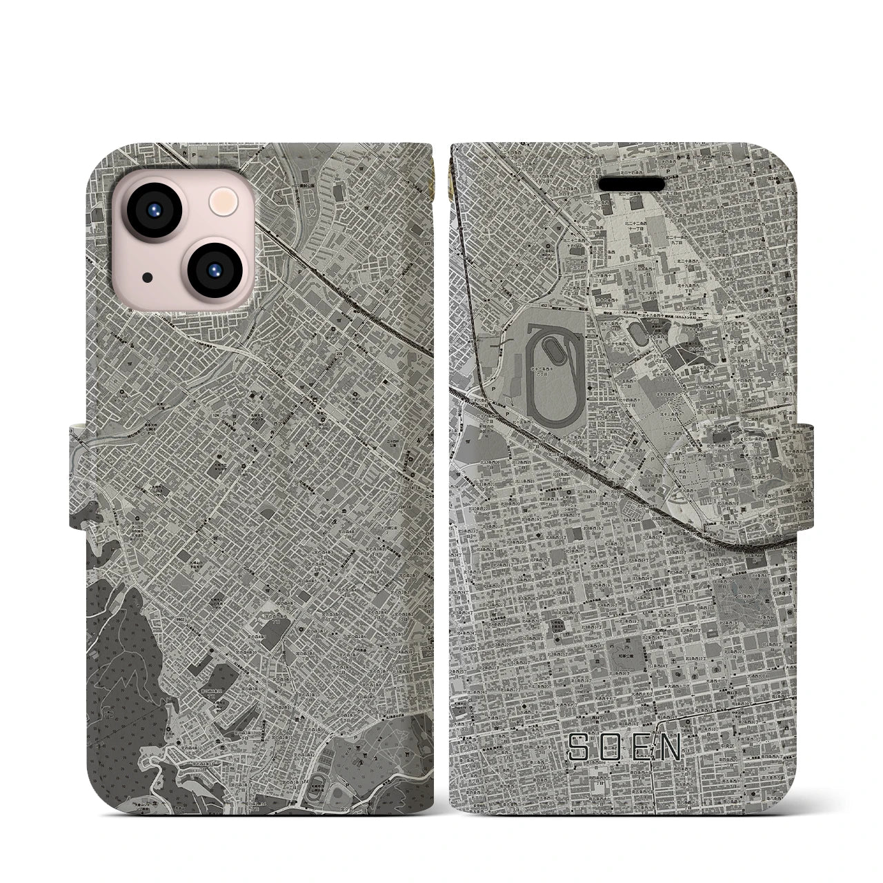 【桑園(北海道)】地図柄iPhoneケース(手帳タイプ)モノトーン・iPhone 13 mini 用