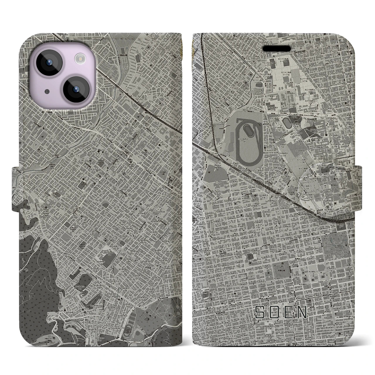 【桑園(北海道)】地図柄iPhoneケース(手帳タイプ)モノトーン・iPhone 14 用