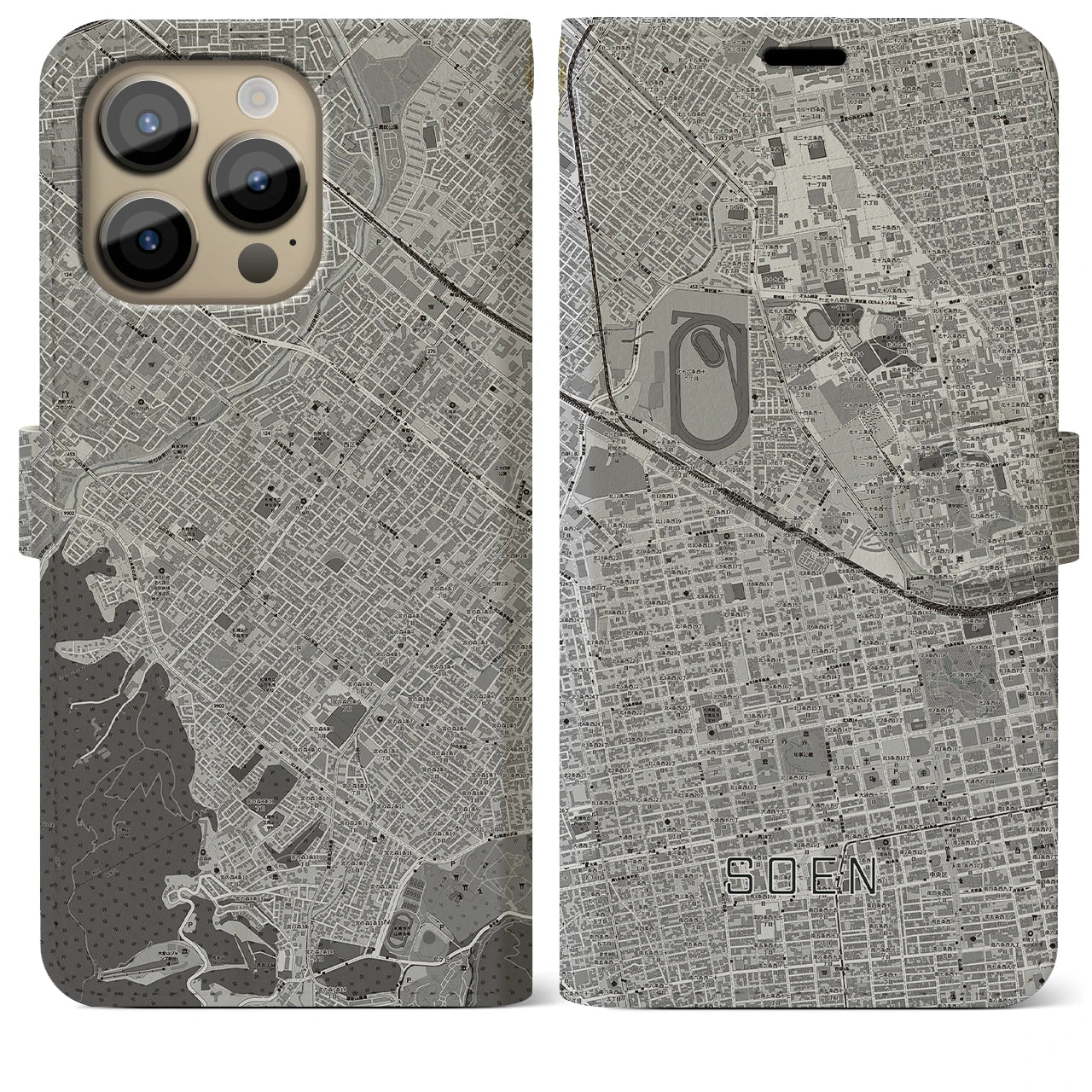 【桑園(北海道)】地図柄iPhoneケース(手帳タイプ)モノトーン・iPhone 14 Pro Max 用