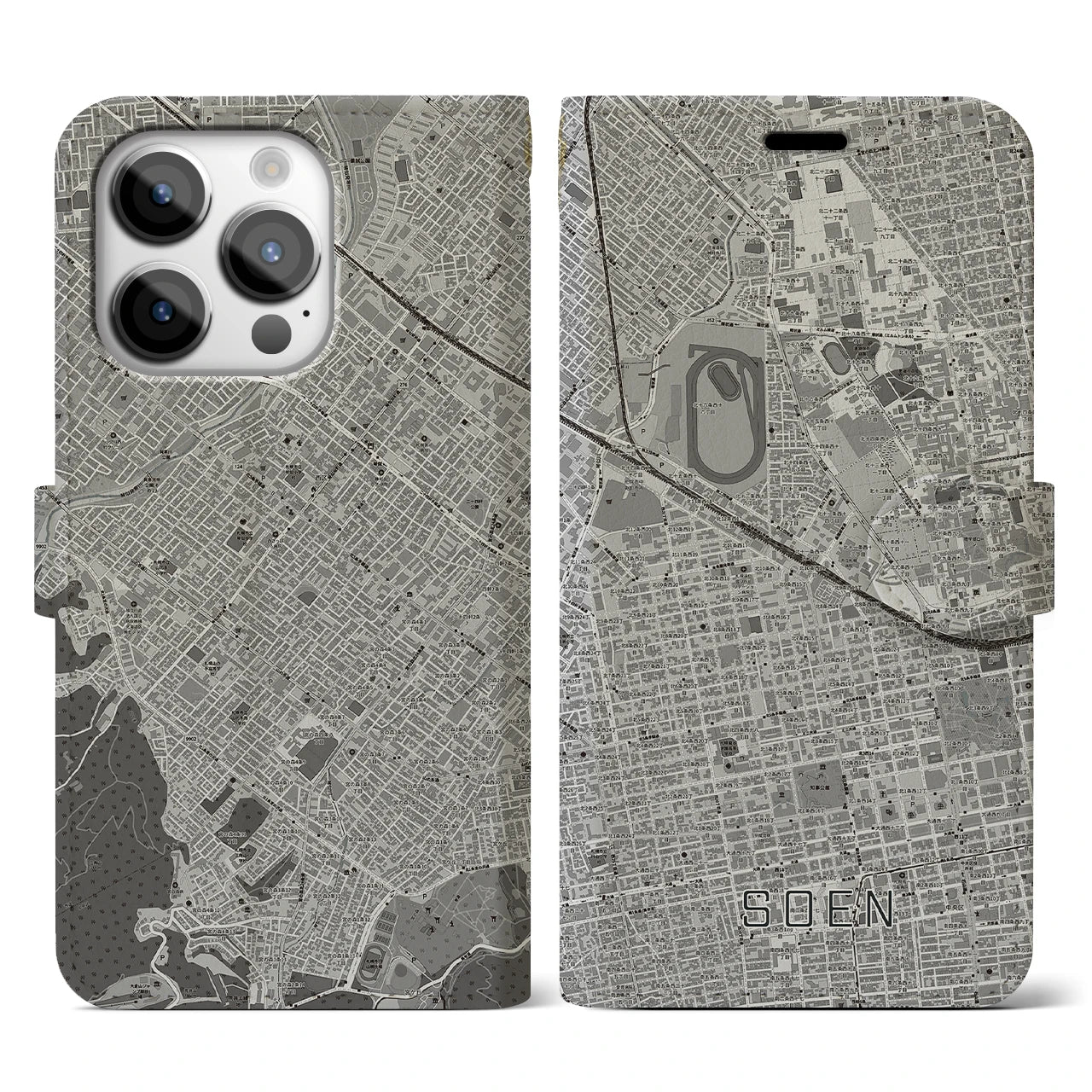 【桑園(北海道)】地図柄iPhoneケース(手帳タイプ)モノトーン・iPhone 14 Pro 用