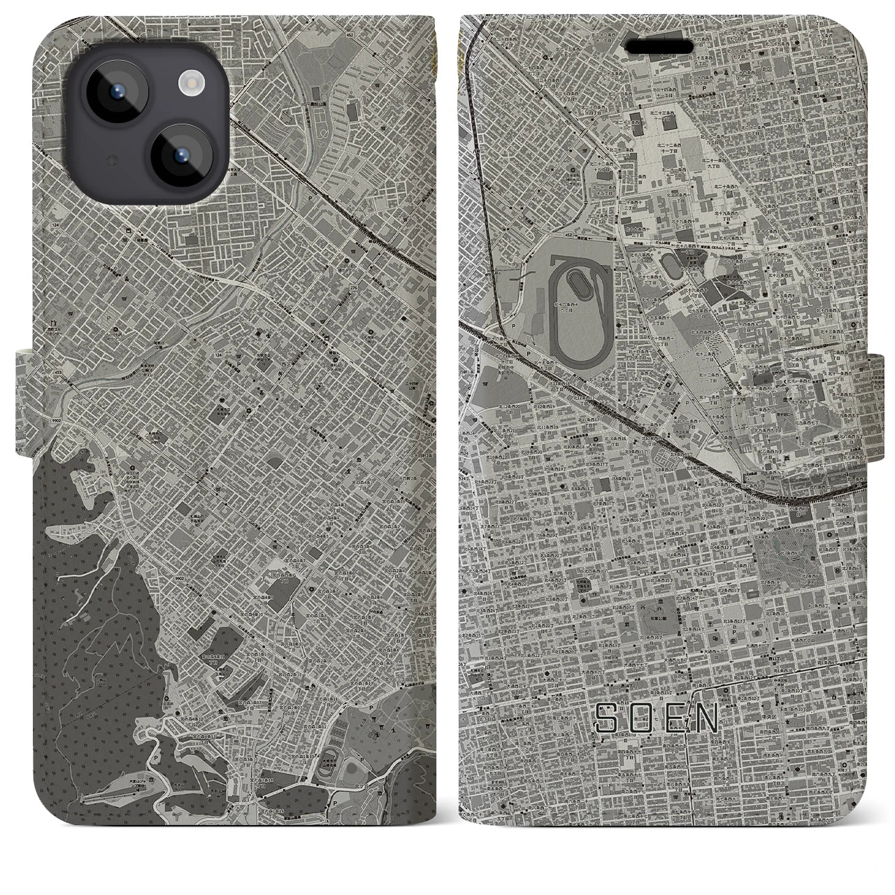 【桑園(北海道)】地図柄iPhoneケース(手帳タイプ)モノトーン・iPhone 14 Plus 用