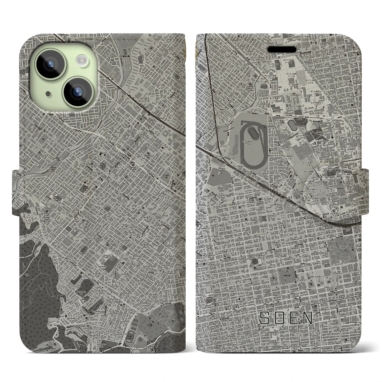 【桑園(北海道)】地図柄iPhoneケース(手帳タイプ)モノトーン・iPhone 15 用
