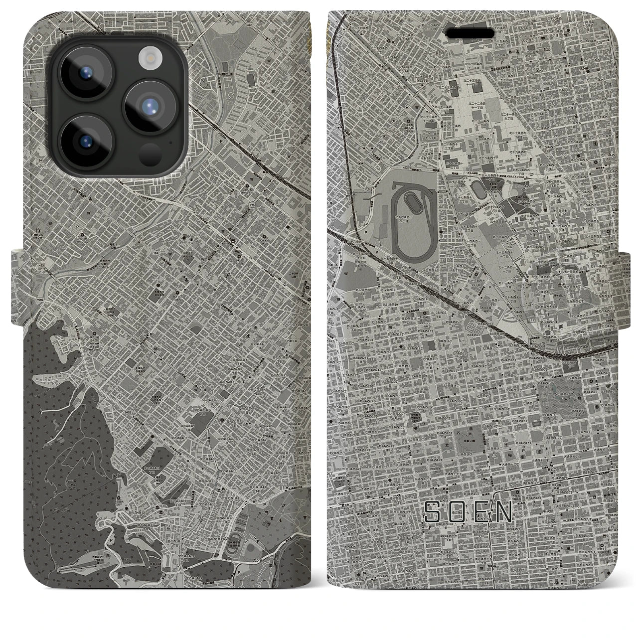 【桑園(北海道)】地図柄iPhoneケース(手帳タイプ)モノトーン・iPhone 15 Pro Max 用