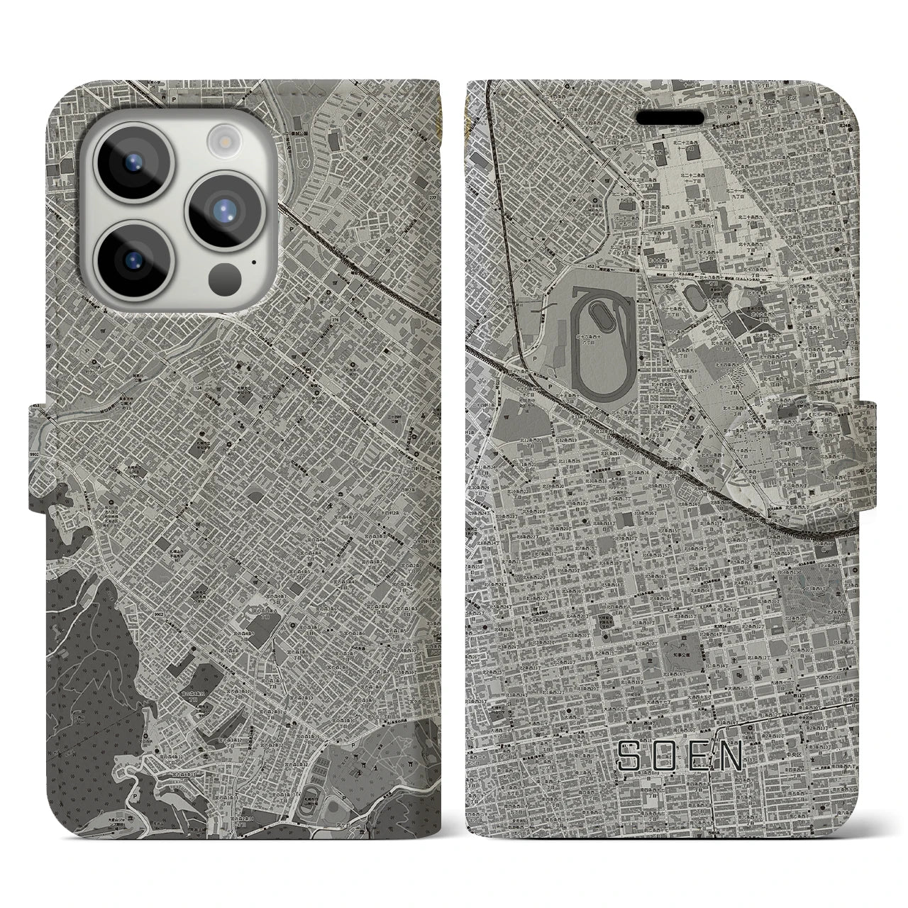 【桑園(北海道)】地図柄iPhoneケース(手帳タイプ)モノトーン・iPhone 15 Pro 用