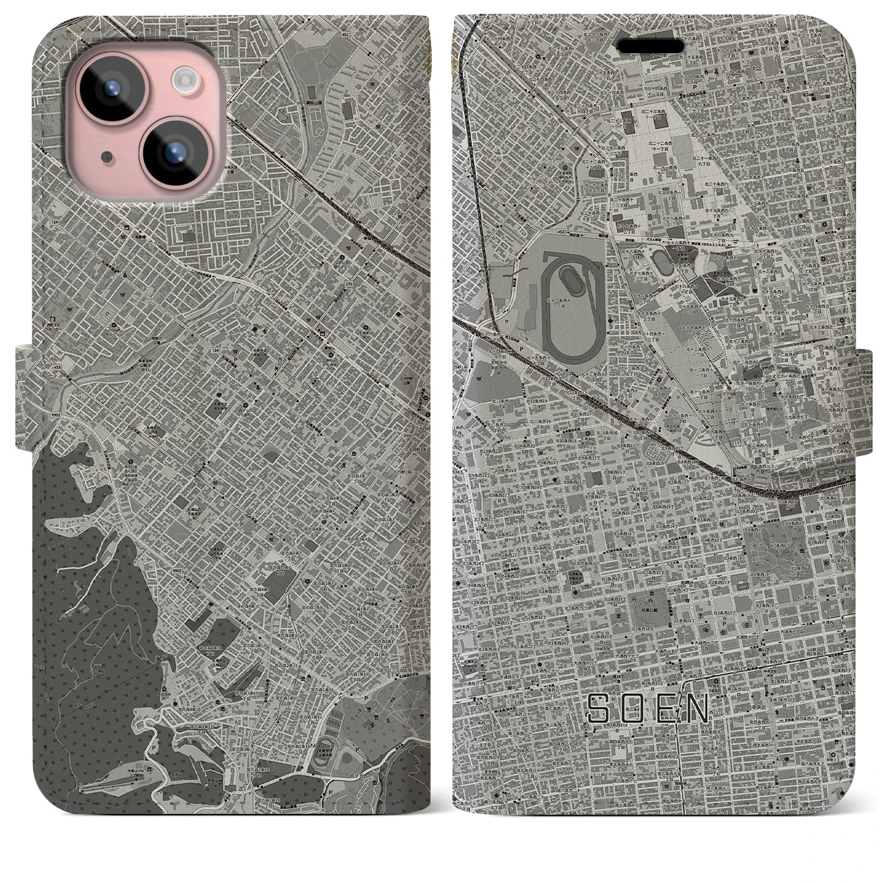 【桑園(北海道)】地図柄iPhoneケース(手帳タイプ)モノトーン・iPhone 15 Plus 用