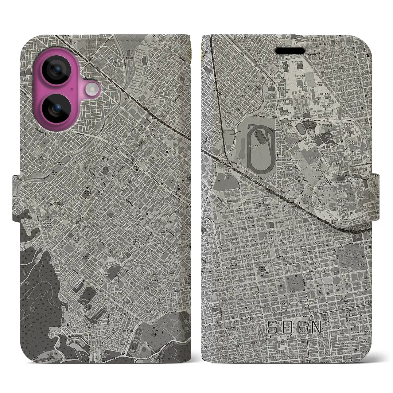 【桑園(北海道)】地図柄iPhoneケース(手帳タイプ)モノトーン・iPhone 16 Pro 用