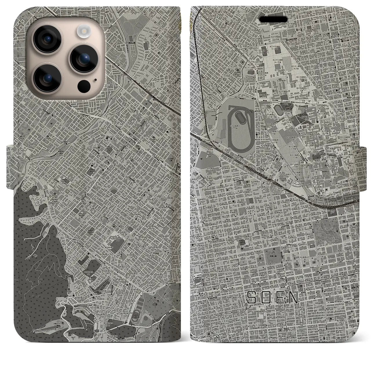 【桑園(北海道)】地図柄iPhoneケース(手帳タイプ)モノトーン・iPhone 16 Plus 用