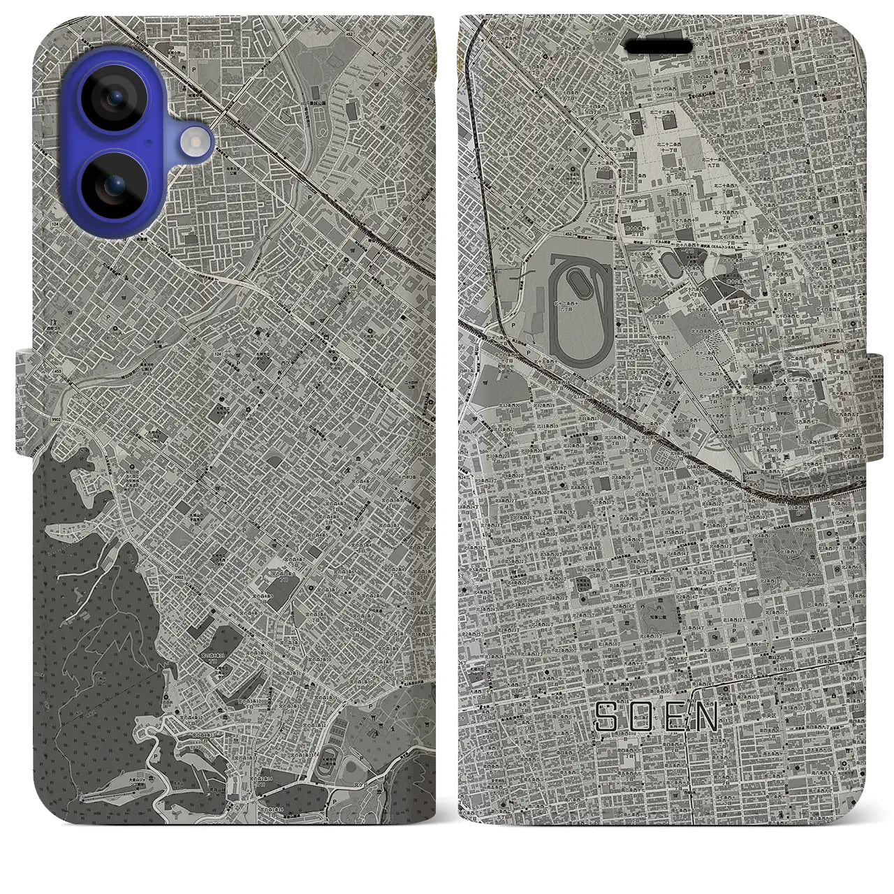 【桑園(北海道)】地図柄iPhoneケース(手帳タイプ)モノトーン・iPhone 16 Pro Max 用