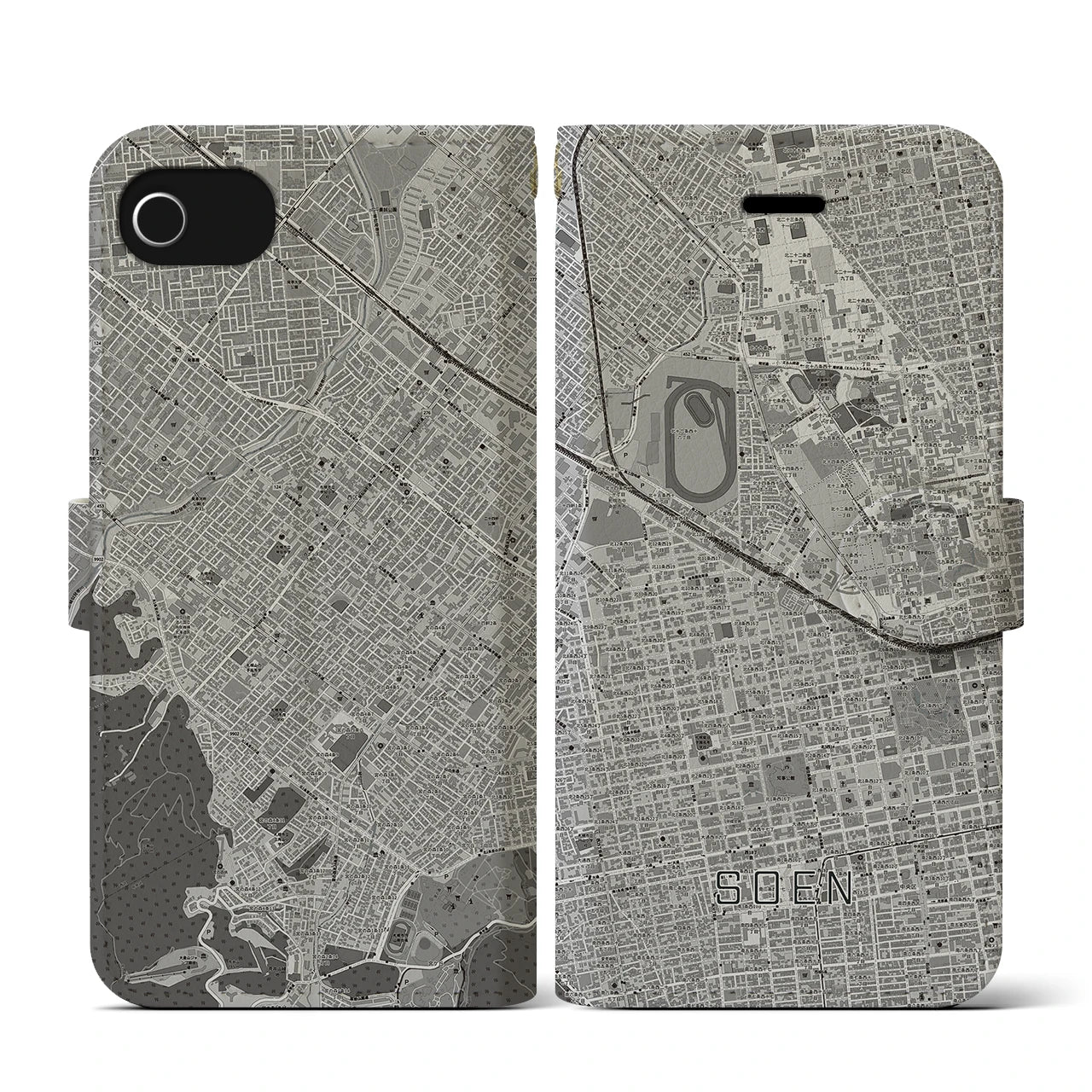 【桑園(北海道)】地図柄iPhoneケース(手帳タイプ)モノトーン・iPhone SE(第3 / 第2世代) / 8 / 7 / 6s / 6 用