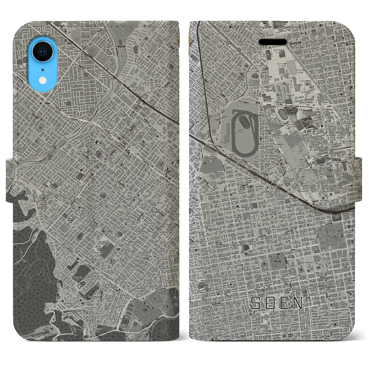 【桑園(北海道)】地図柄iPhoneケース(手帳タイプ)モノトーン・iPhone XR 用
