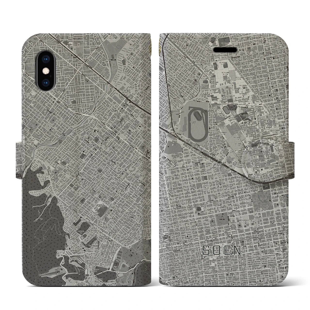 【桑園(北海道)】地図柄iPhoneケース(手帳タイプ)モノトーン・iPhone XS / X 用