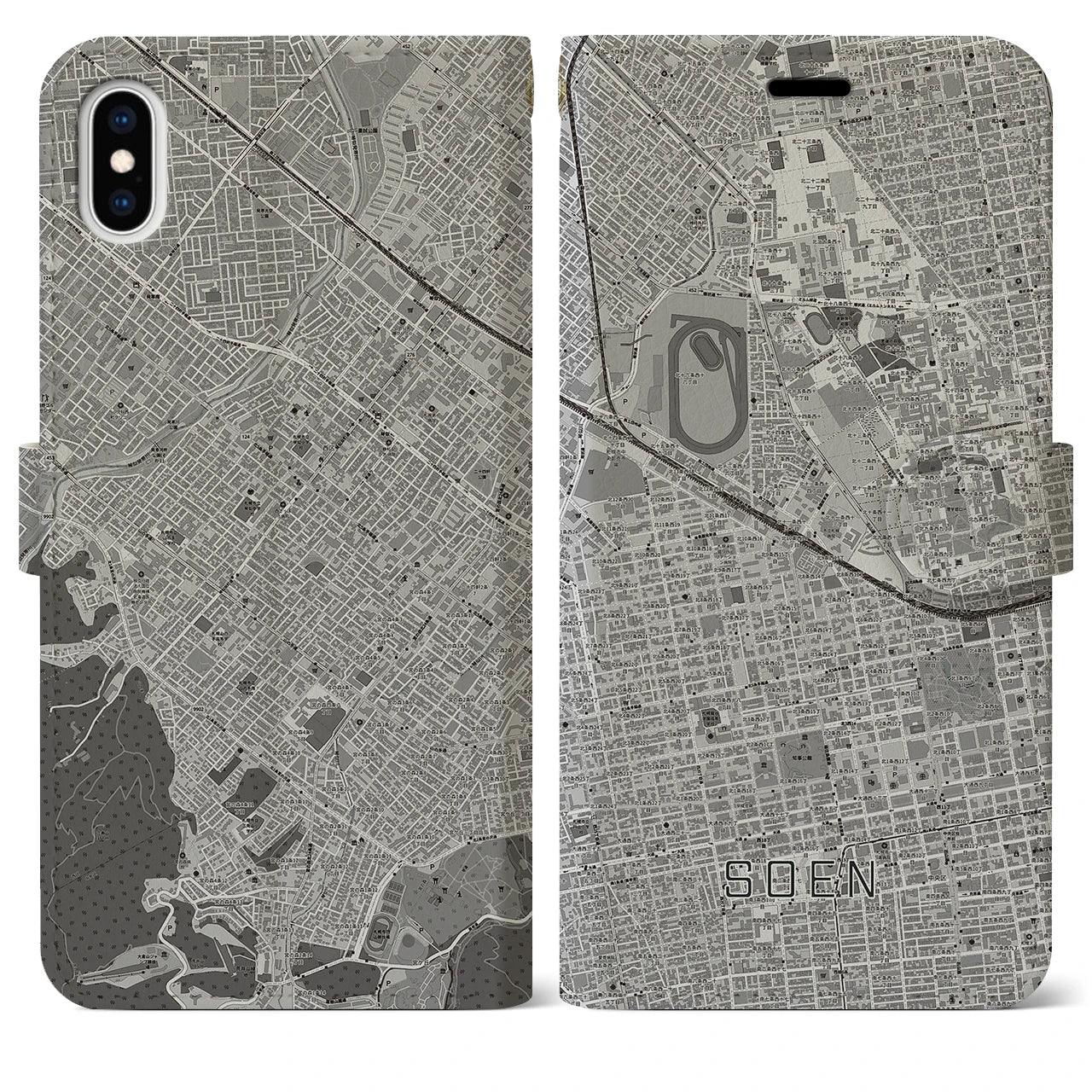 【桑園(北海道)】地図柄iPhoneケース(手帳タイプ)モノトーン・iPhone XS Max 用