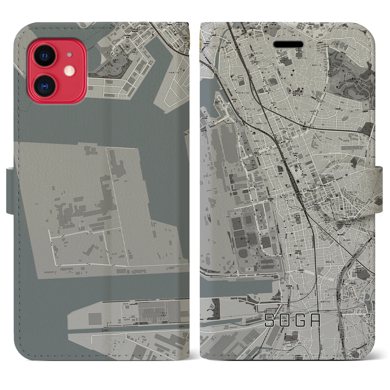 【蘇我(千葉県)】地図柄iPhoneケース(手帳タイプ)モノトーン・iPhone 11 用