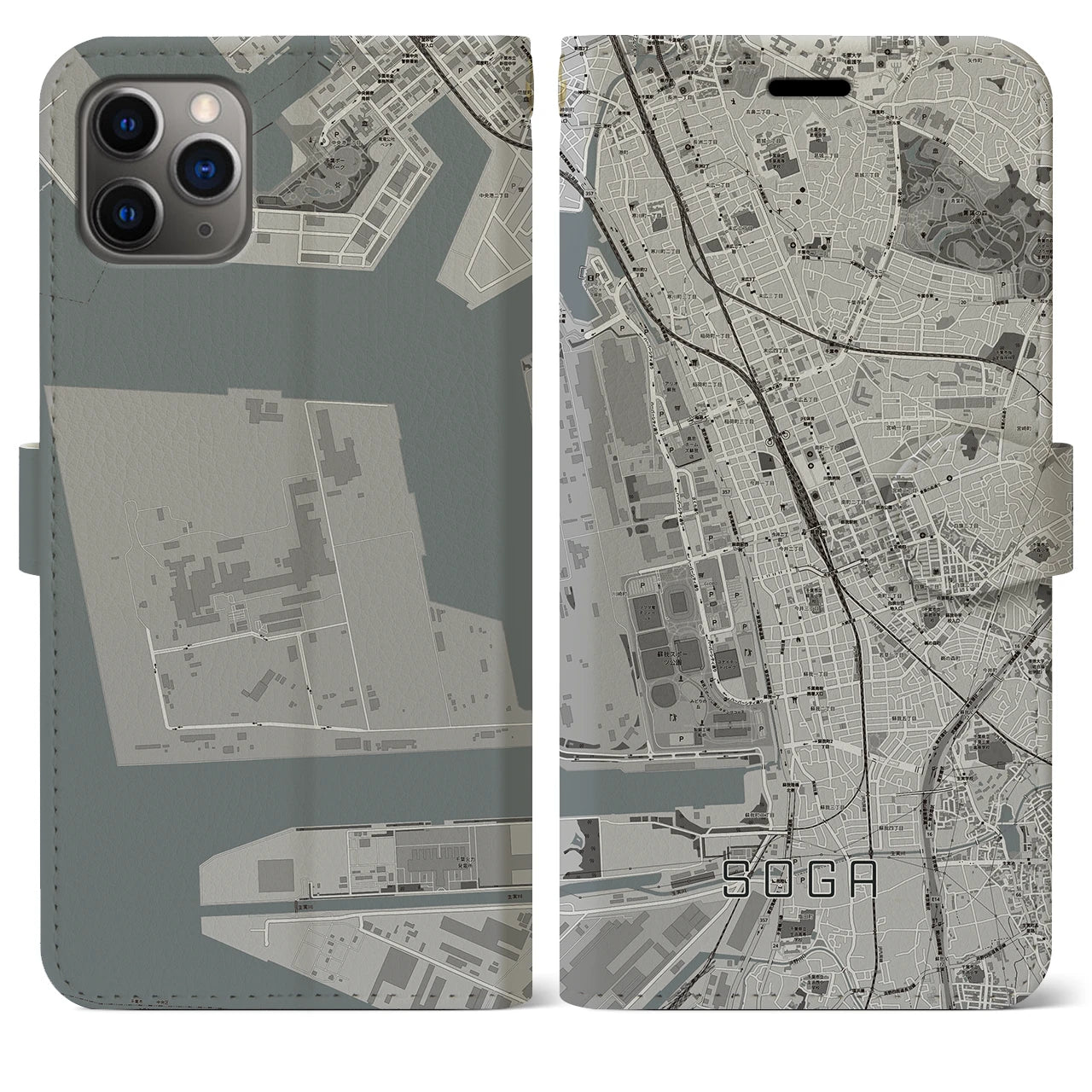 【蘇我(千葉県)】地図柄iPhoneケース(手帳タイプ)モノトーン・iPhone 11 Pro Max 用