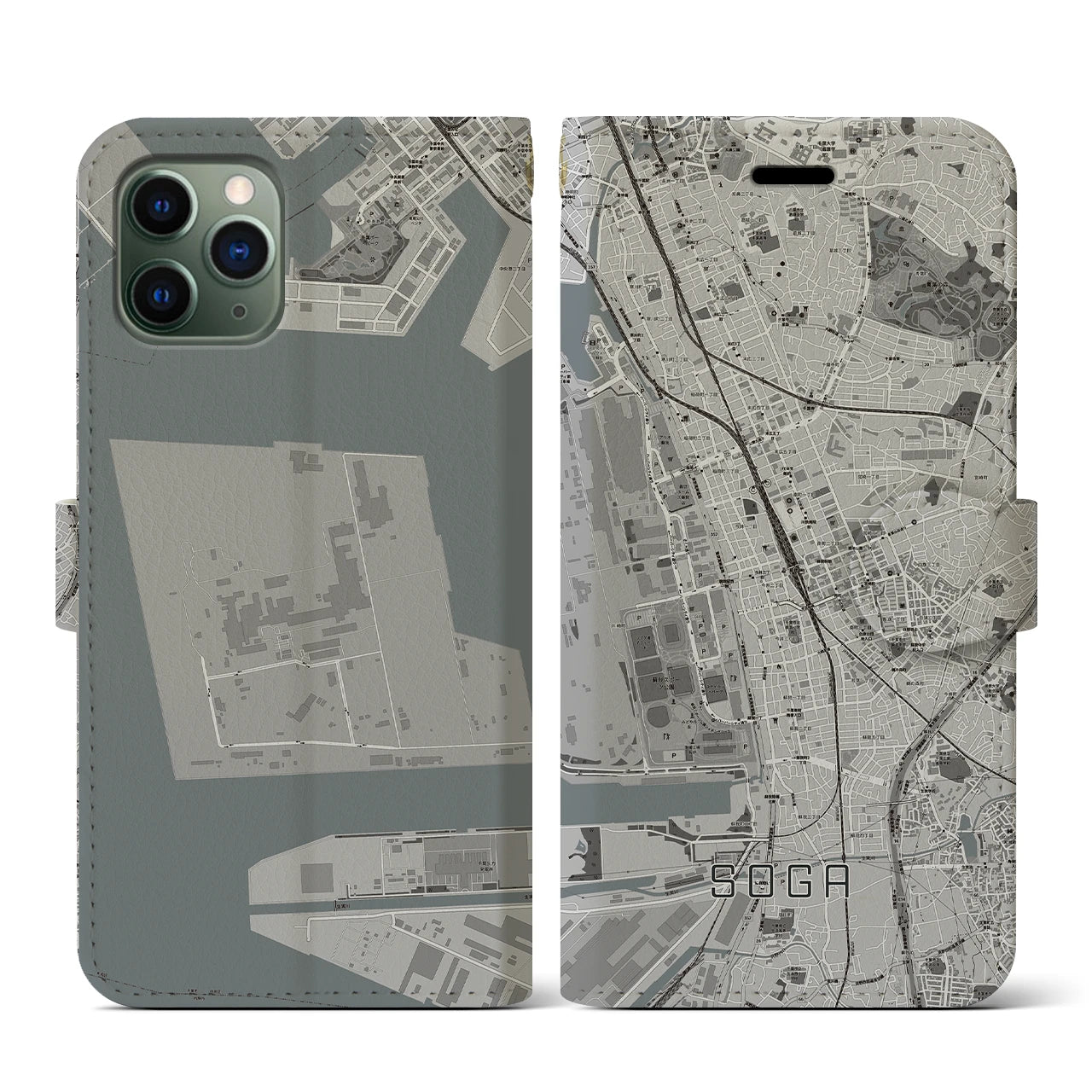 【蘇我(千葉県)】地図柄iPhoneケース(手帳タイプ)モノトーン・iPhone 11 Pro 用