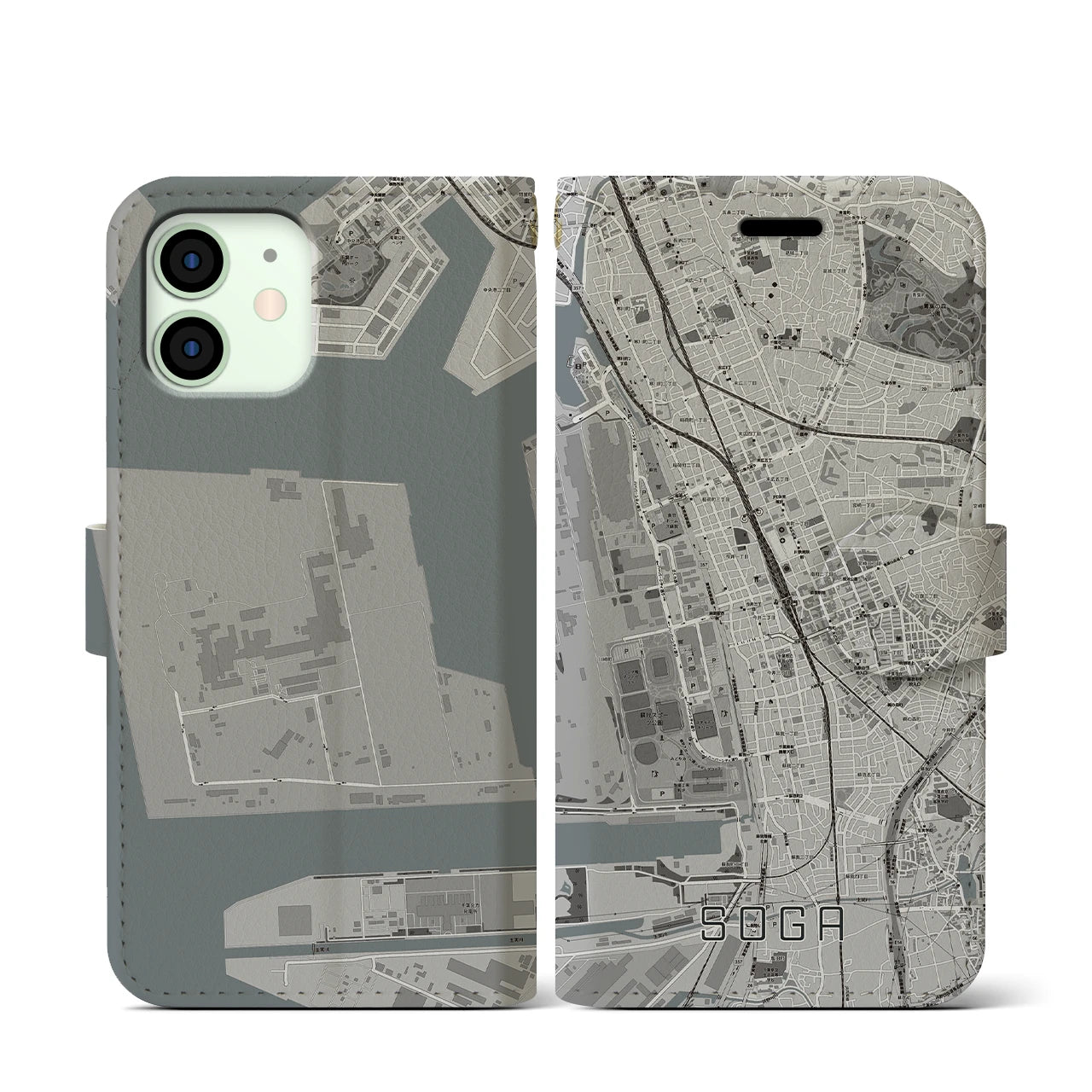【蘇我(千葉県)】地図柄iPhoneケース(手帳タイプ)モノトーン・iPhone 12 mini 用