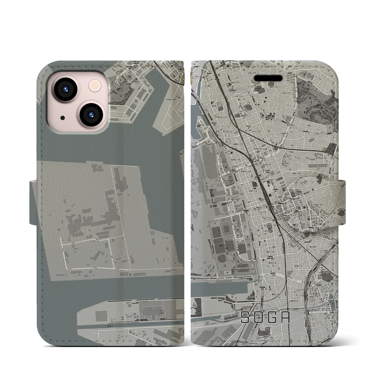 【蘇我(千葉県)】地図柄iPhoneケース(手帳タイプ)モノトーン・iPhone 13 mini 用