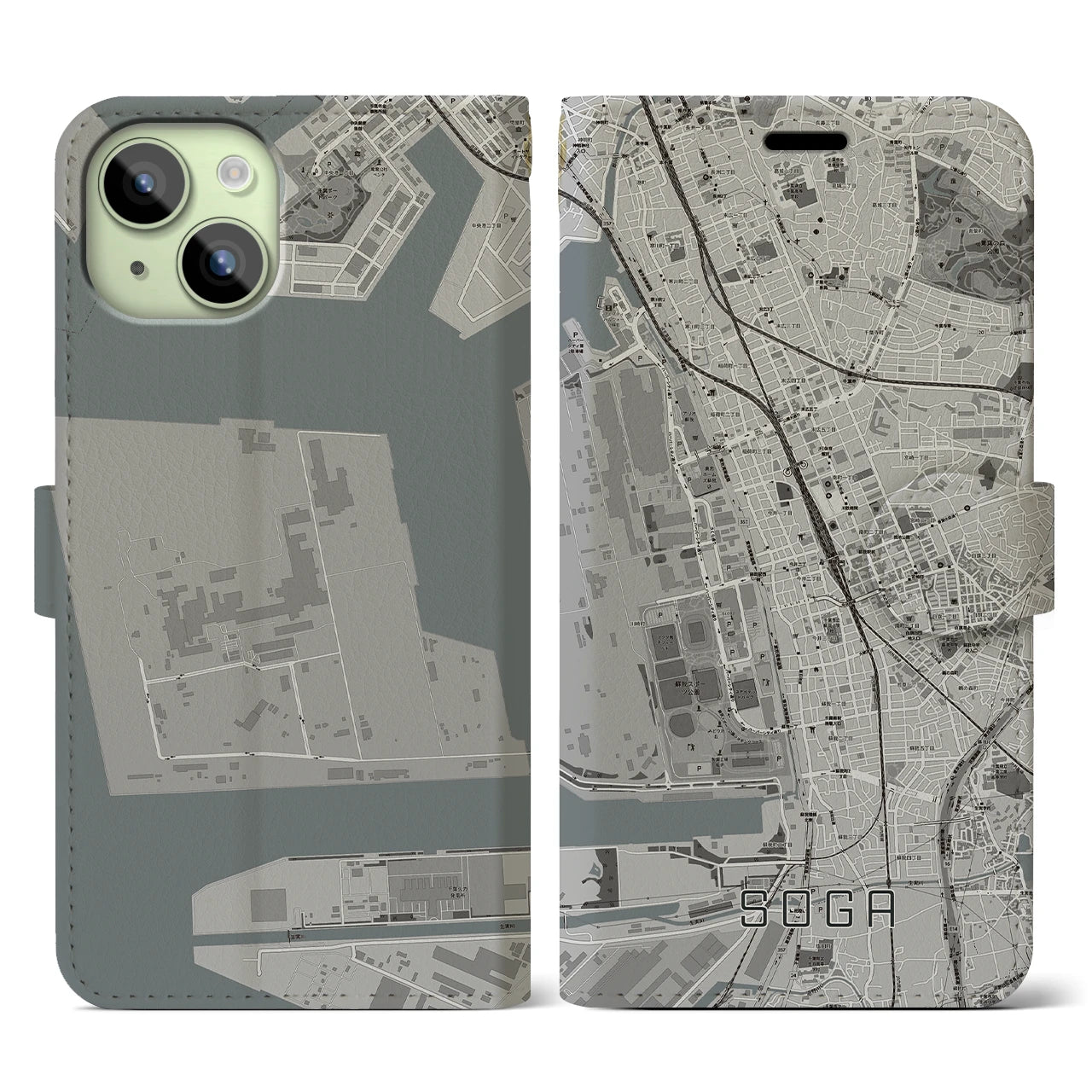 【蘇我(千葉県)】地図柄iPhoneケース(手帳タイプ)モノトーン・iPhone 15 用