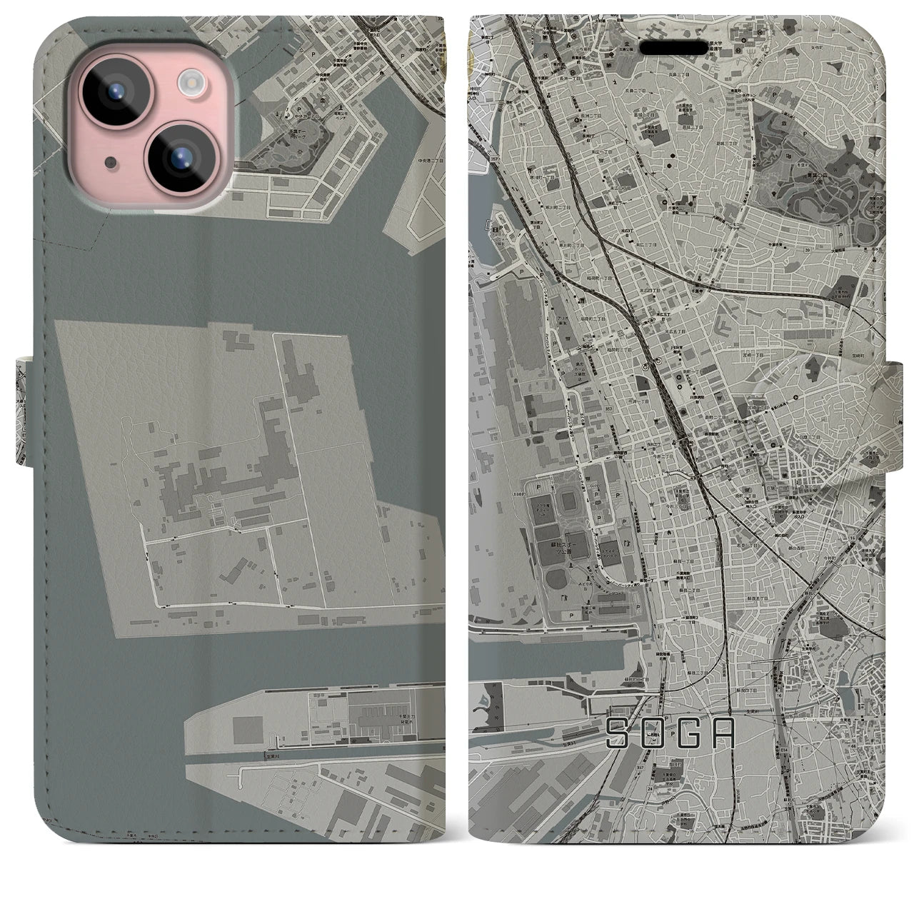 【蘇我(千葉県)】地図柄iPhoneケース(手帳タイプ)モノトーン・iPhone 15 Plus 用