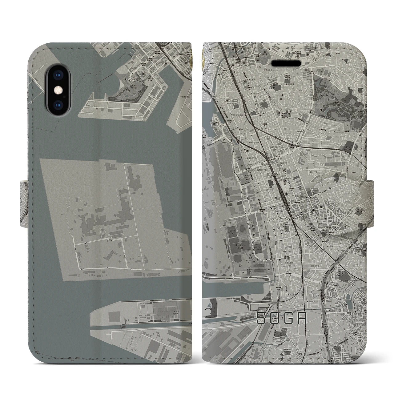 【蘇我(千葉県)】地図柄iPhoneケース(手帳タイプ)モノトーン・iPhone XS / X 用