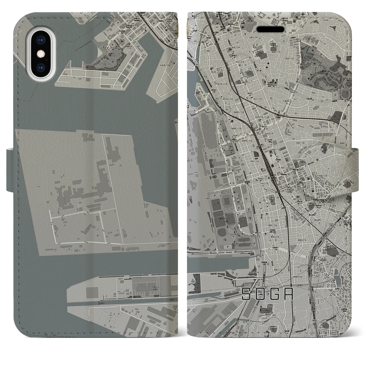 【蘇我(千葉県)】地図柄iPhoneケース(手帳タイプ)モノトーン・iPhone XS Max 用