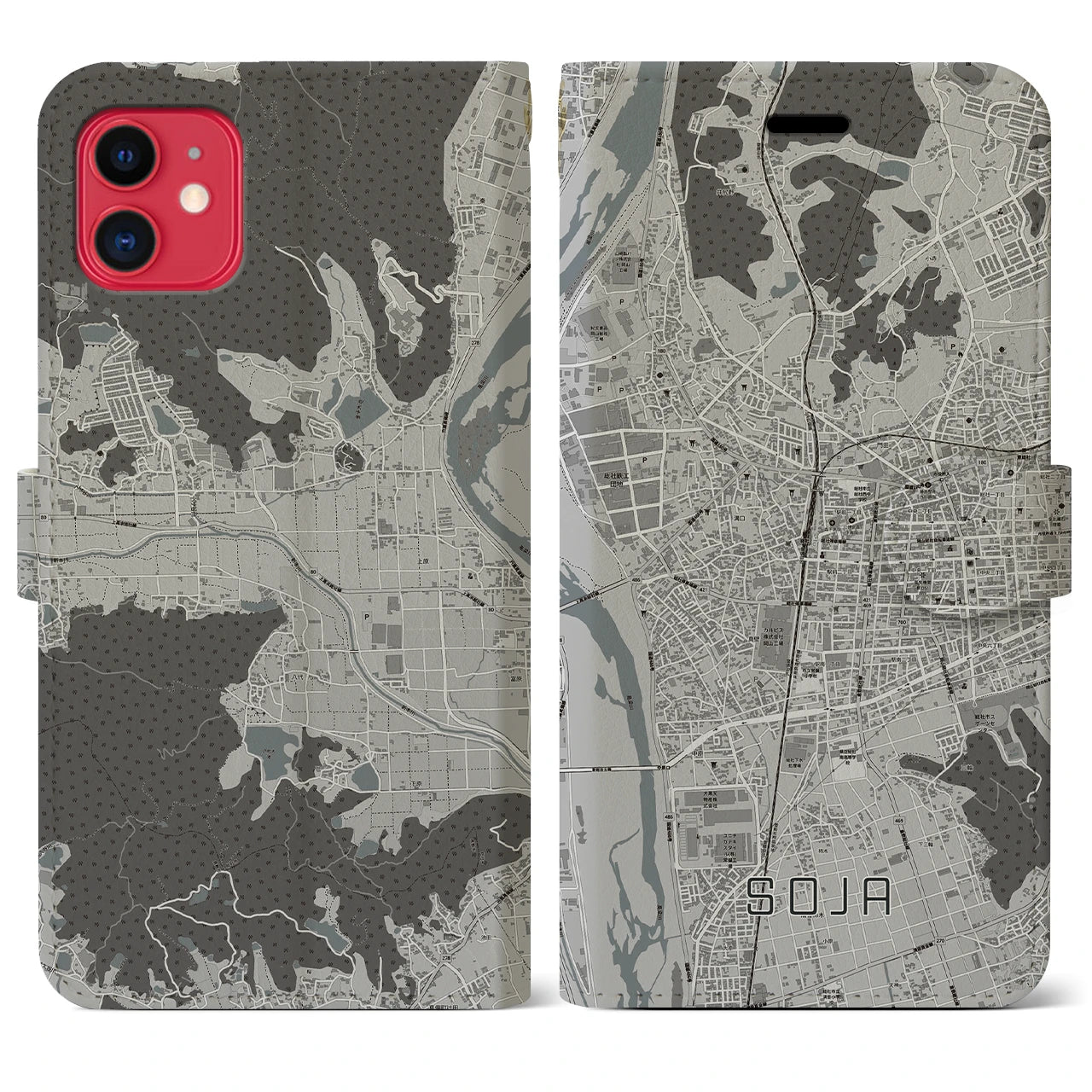 【総社(岡山県)】地図柄iPhoneケース(手帳タイプ)モノトーン・iPhone 11 用